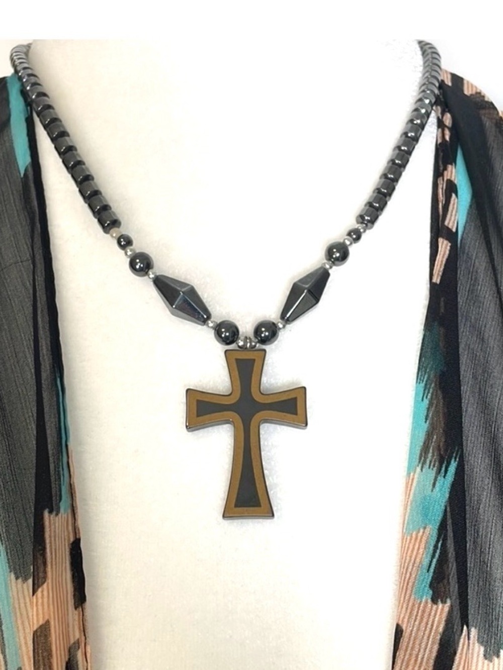 Vintage Hematite Beaded Cross Necklace